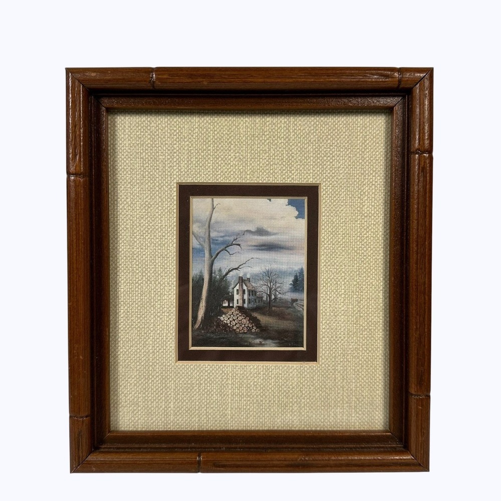 Cabin Wood Pile Landscape Miniature Art Print Framed Helen Lowe Appalachia TN